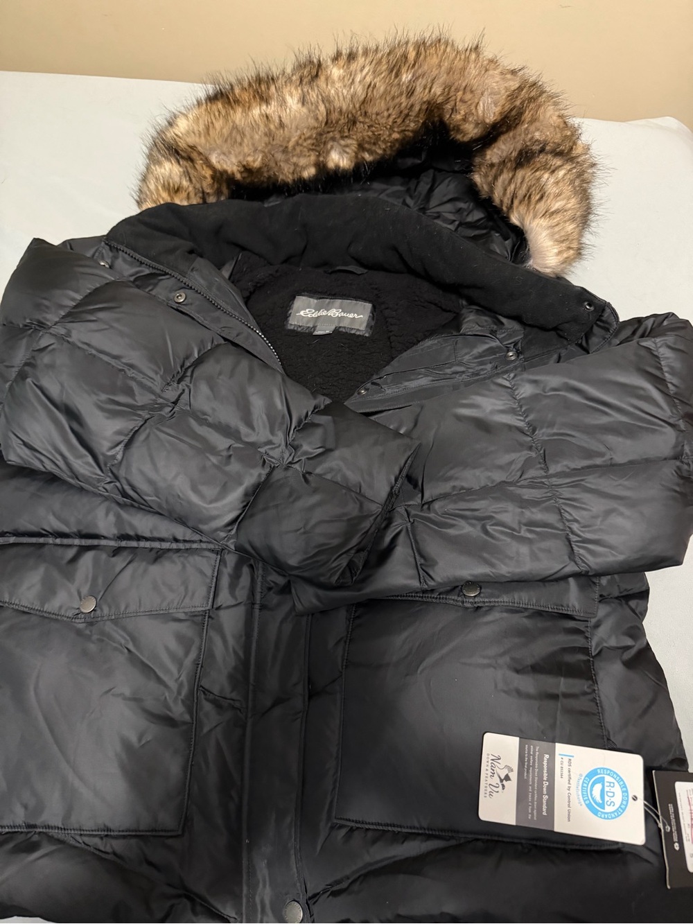 Eddie Bauer Black Quilted Down Ski Jacket with Faux Fur Trim